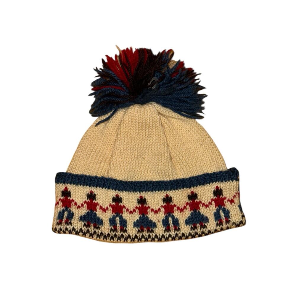 Handmadeβ Wool Knit Beanie Hat Pom Pom Fair Isle Pattern Cream Red Blue Yellow